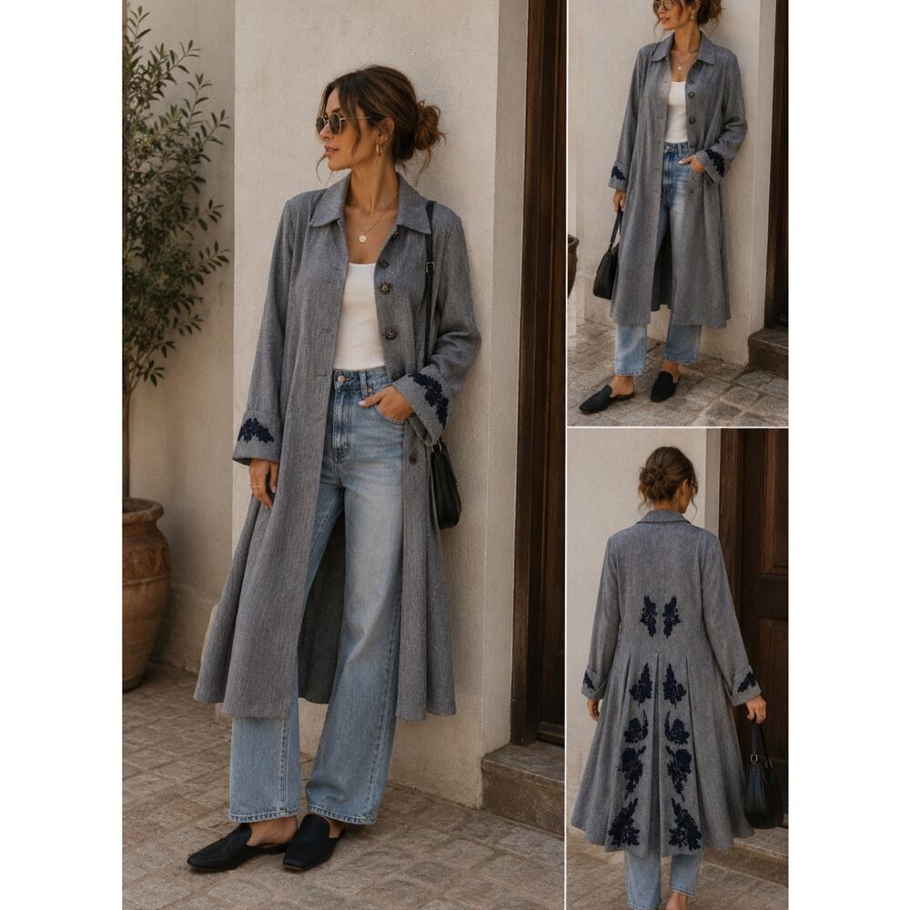 Soft Surroundings Grey Embroidered Duster Jacket Womens S Boho Fall Casual